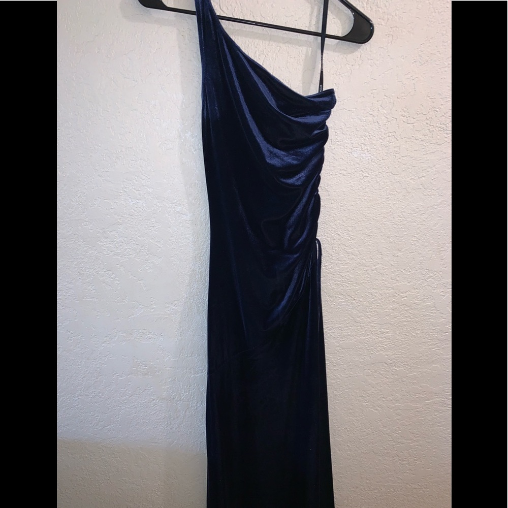 Blue velvet one shoulder long dress